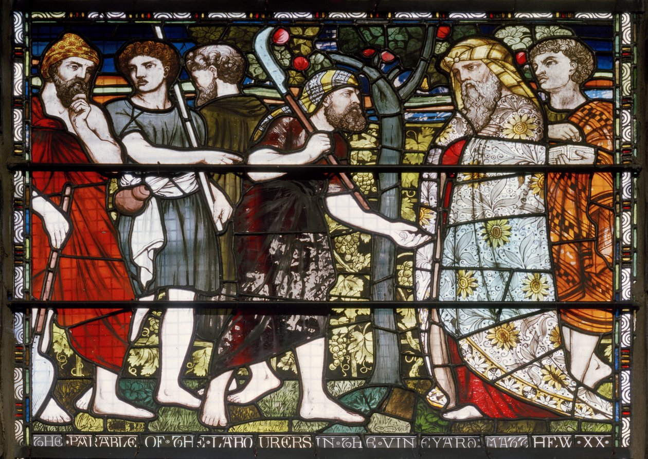 Paisley Abbey, Cottire & Co, syynä John Moyr Smith, Laborers In The Vineyard, 1873 tekijältä John Moyr attr.to Smith