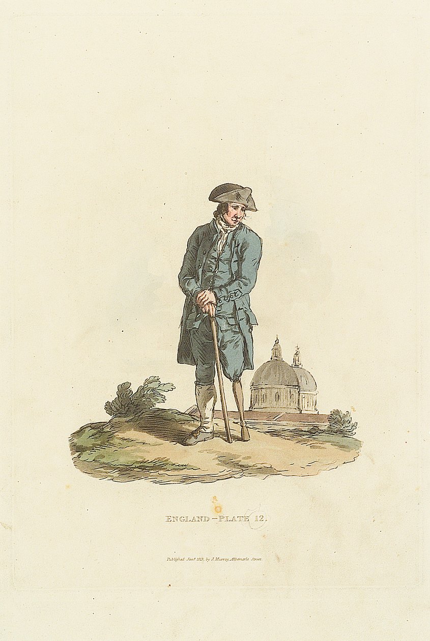 England - Plate 12. Greenwichin eläkeläinen, jolla on puujalka ja joka nojaa keppiin (akvatintta). tekijältä John Murray