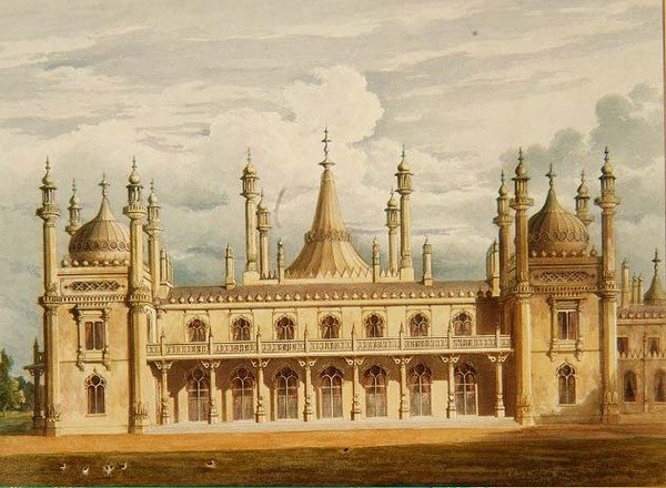 Kuninkaan asunto ja sen yläpuolella olevat kotitaloushuoneistot länteen päin, John Nashin teoksesta Views of the Royal Pavilion, Brighton. tekijältä John Nash