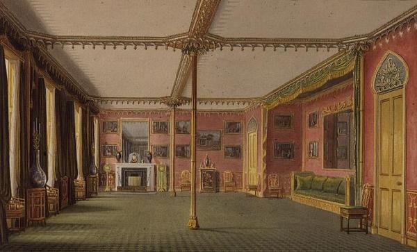 The Red Drawing Room John Nashin teoksesta Views of the Royal Pavilion, Brighton (Näkymiä kuninkaalliseen paviljonkiin, Brighton) tekijältä John Nash
