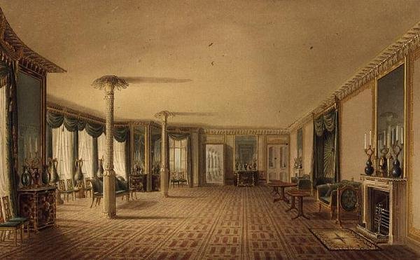 South Drawing Room tai Juhlahuoneen galleria näkymistä Royal Pavilionista, Brighton, John Nash tekijältä John Nash