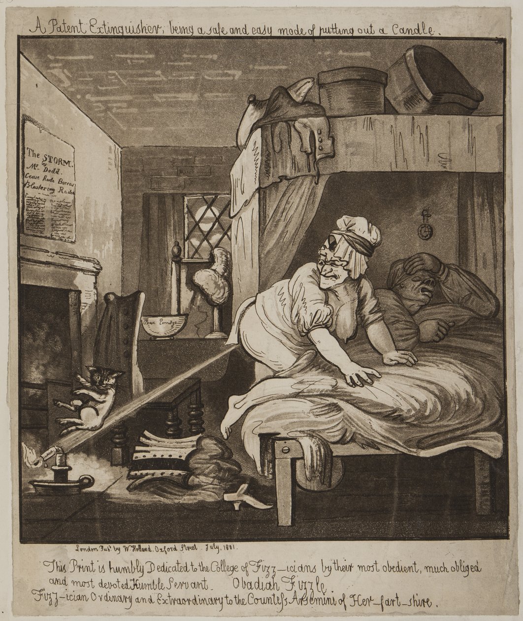 Patenttisammutin, joka on turvallinen ja helppo tapa sammuttaa kynttilä, 1801 (akvatintti). tekijältä John Nixon