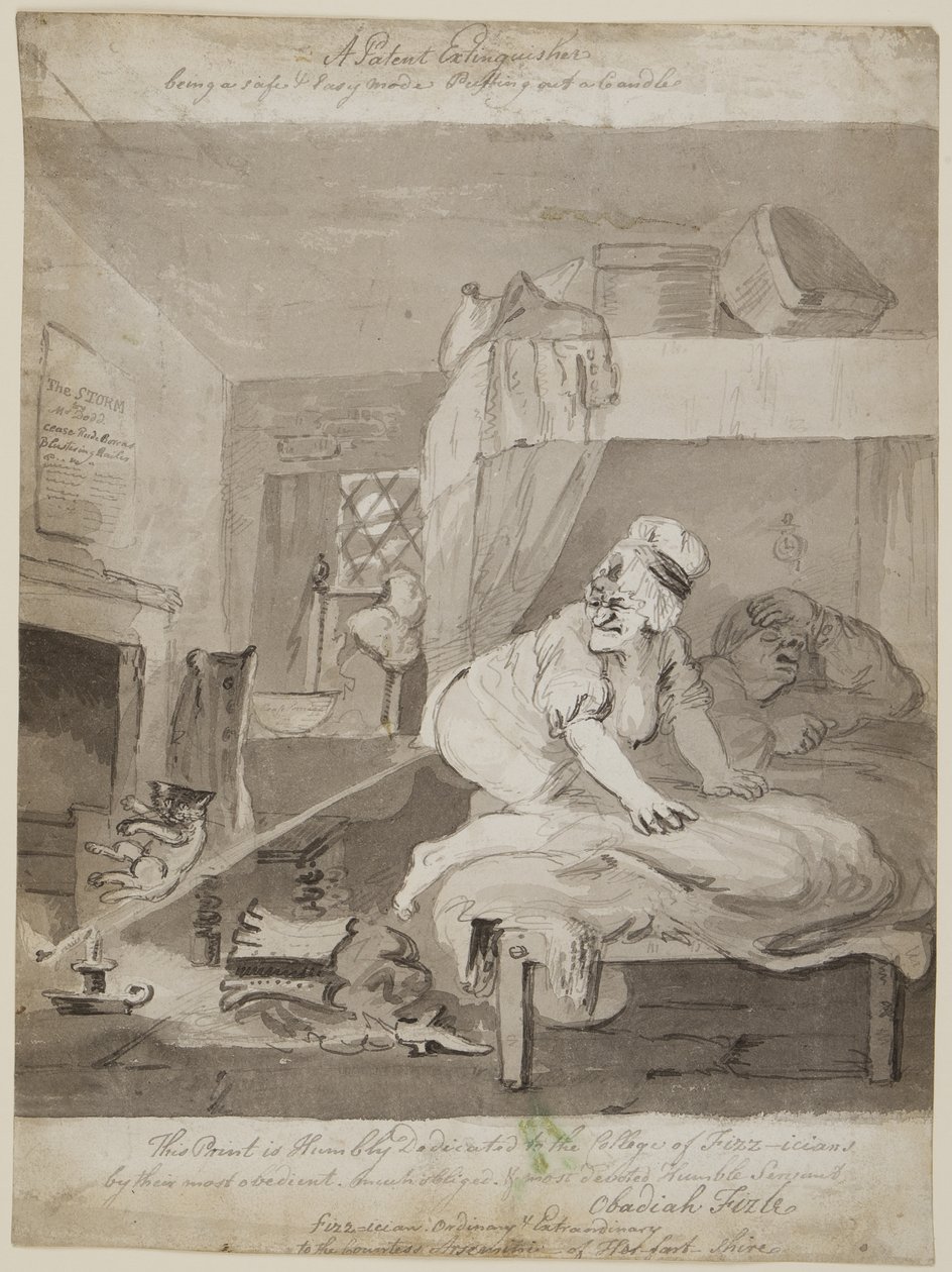 Patenttisammutin, joka on turvallinen ja helppo tapa sammuttaa kynttilä, 1801 (kynä, sivellin ja muste paperille). tekijältä John Nixon