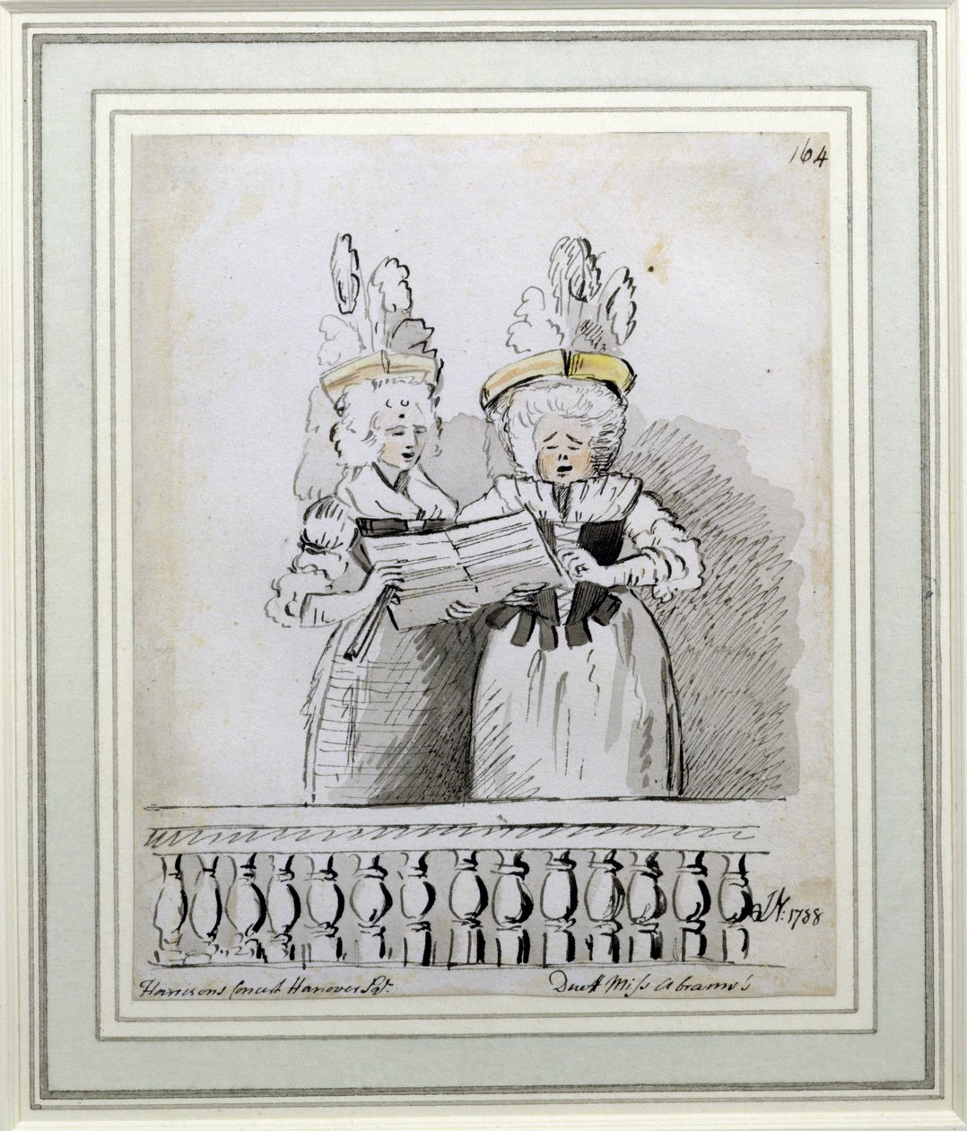 Neiti Harriettin ja Miss Theodosia Abramsin duetto, Harrisonin konsertti, Hannover Square, 1788 (muste ja pesu) tekijältä John Nixon