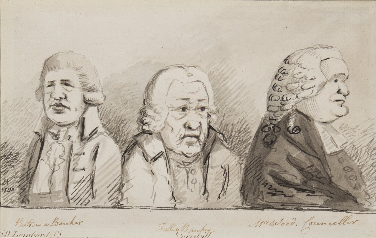 Batson, pankkiiri, Tulley, pankkiiri, herra Wood, kaupunginvaltuutettu, 69 Lombard Street, Cornhill, 1790 (kynä, sivellin ja muste paperille). tekijältä John Nixon