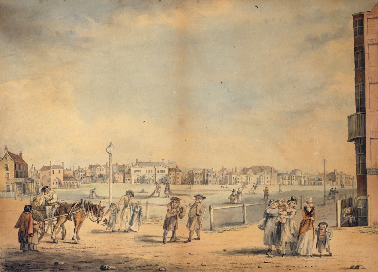 Brighton, jossa näkyy Miss Widgettin kiertävä kirjasto, Marlborough House, Castle Inn ja Assembly Rooms sekä Marine Pavilion, 1792 tekijältä John Nixon