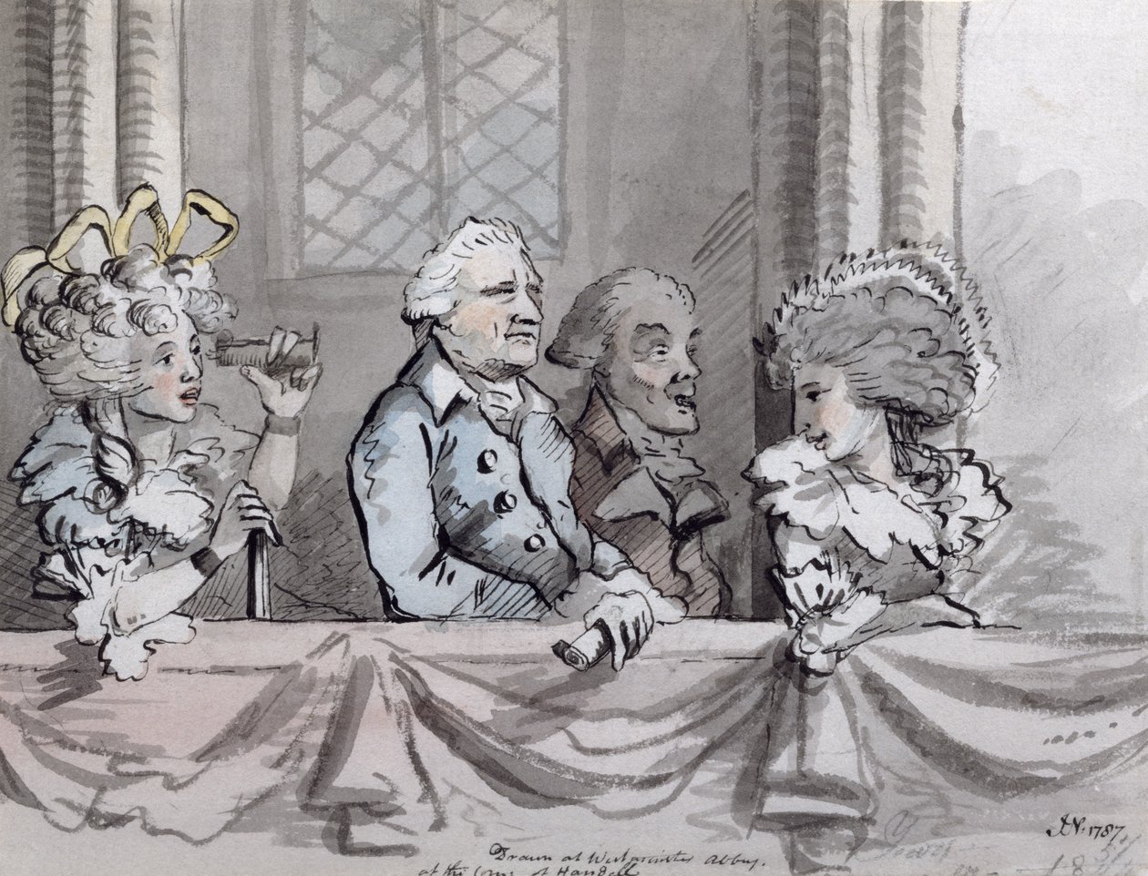 Karikatyyri yleisöstä Händelin muistotilaisuudessa Westminster Abbeyssa vuonna 1787 (tussi ja akvarelli). tekijältä John Nixon