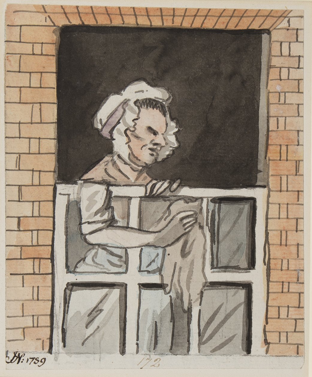 Palvelustyttö puhdistaa ikkunaa, 1789 (tussi ja wc paperille) tekijältä John Nixon