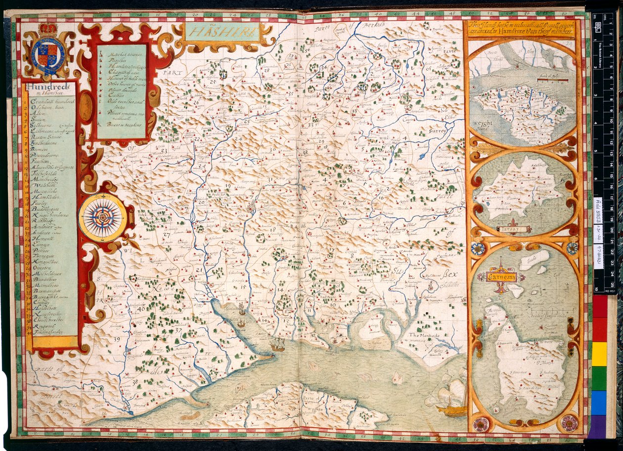 Lisätä. 31853, ff.23-24, Southampton, Hampshire: Kuvaus: J. Norden, kartta: 1595 (värillinen kaiverrus) tekijältä John Norden