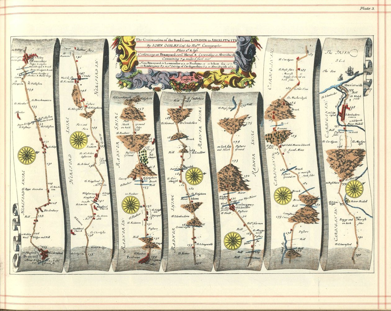 Britannia Atlas: Tien jatko Lontoosta Aberystwythiin, 1675 tekijältä John Ogilby
