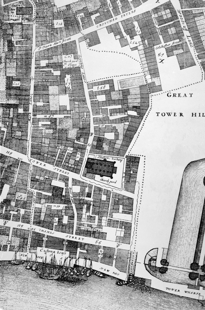 Yksityiskohta suuresta ja tarkasta Lontoon kaupungin kartasta (kaiverrus) tekijältä John Ogilby