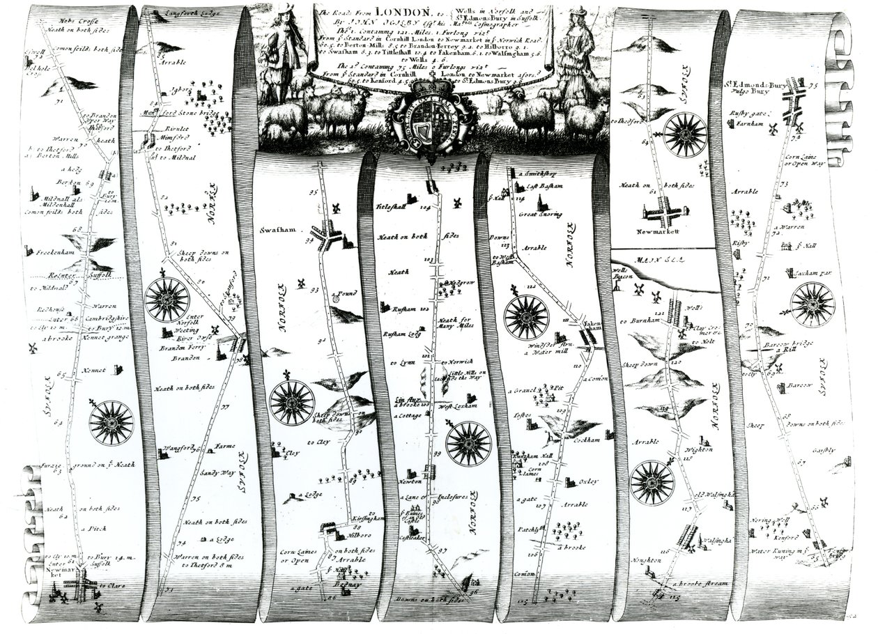 Tie Lontoosta Wellsiin ja Bury St. Edmundsiin, Ogilbyn Britanniasta, 1675 (kaiverrus) tekijältä John Ogilby