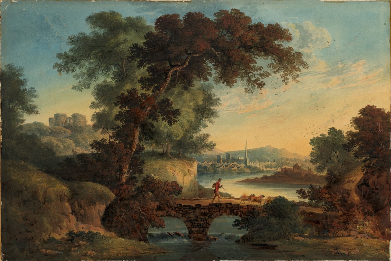 Maisema linnalla ja sillalla, noin 1808-20 (guassi ja akvarelli) tekijältä John Oldfield