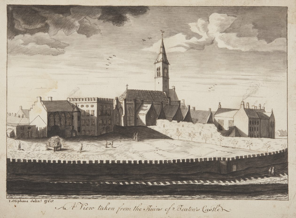 St Andrews Delineated - Näkymä Beatonsin linnan raunioista (kynä ja pese paperille) tekijältä John Oliphant