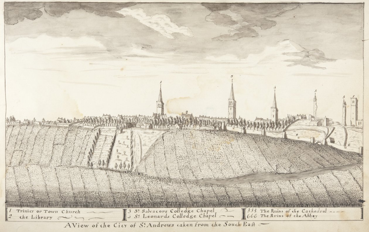 St Andrews Delineated - Näkymä St Andrewsin kaupungista kaakosta (lyijykynä ja pesu paperille). tekijältä John Oliphant