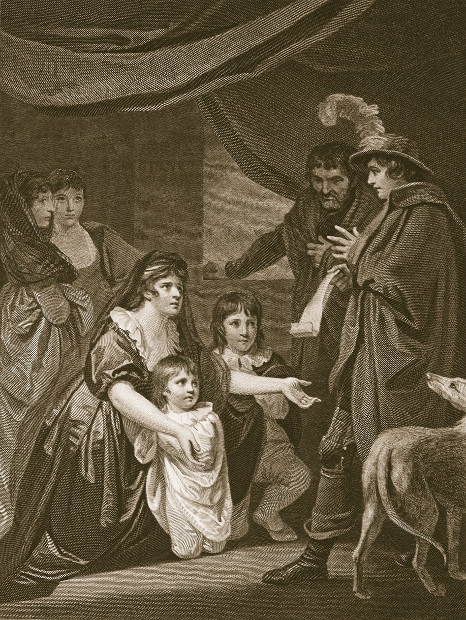 Lady Elizabeth Gray rukoilee Edward IV:tä suojelemaan lapsiaan, kaiverrettu W. Bromley, kuvitus David Humen "The History of England", pubista. R. Bowyer, Lontoo, 1812 tekijältä John Opie