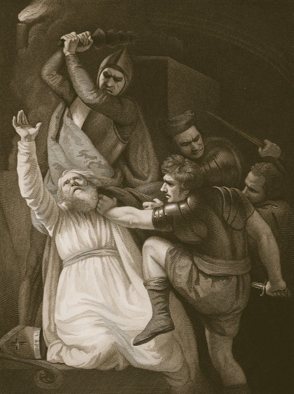 Becketin kuolema, kaiverrettu J. Stowen toimesta, kuvitus David Humen teoksesta "The History of England", julkaisija R. Bowyer, Lontoo, 1812. tekijältä John Opie