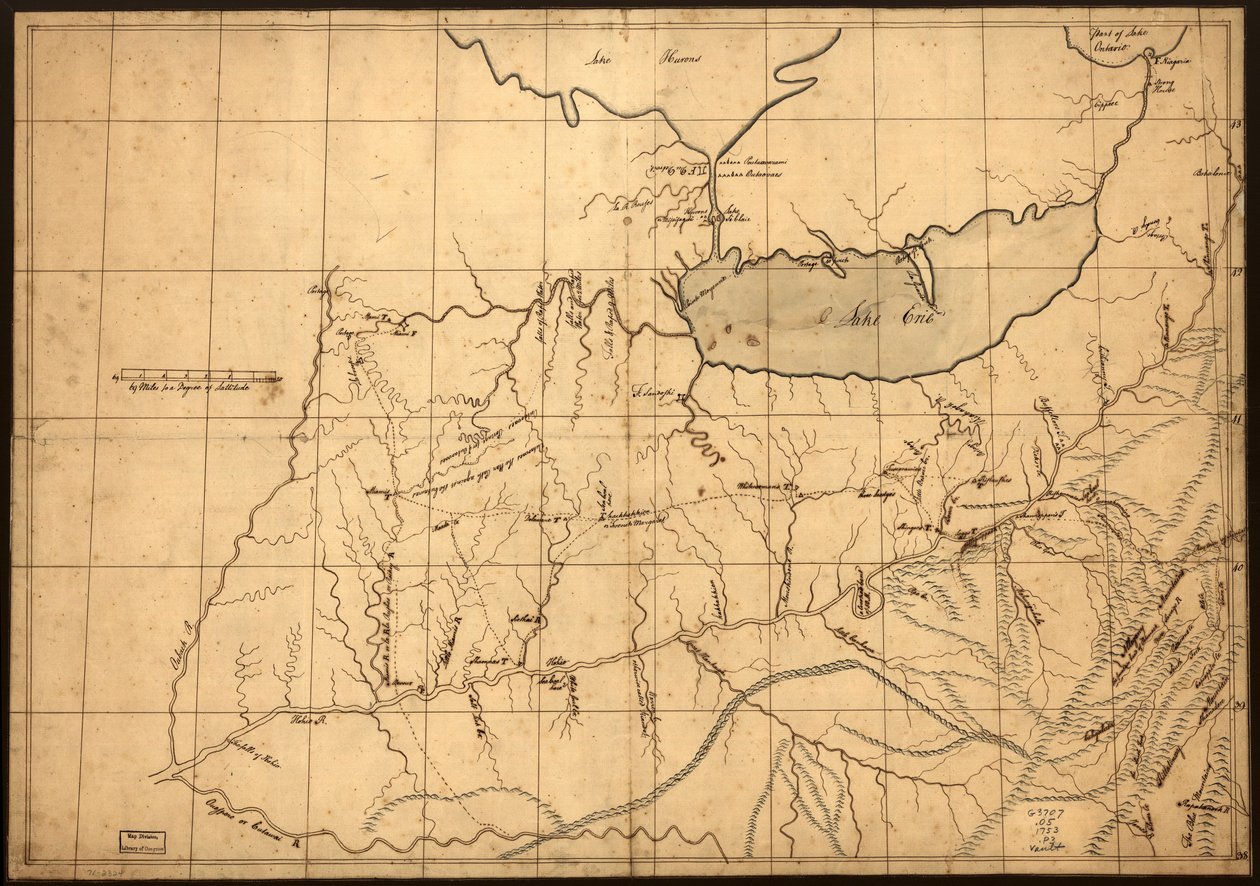 (Kauppiaan kartta Ohiosta ennen vuotta 1753.) LOC gm71002324 tekijältä John Patten