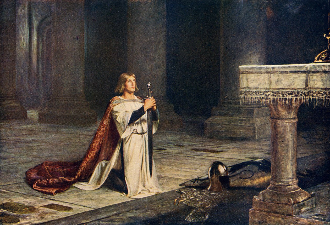 Ritariksi pyrkivä ritari, joka pitää asevartiota ritarikunnan jäseneksi pääsyä varten, kuvitus A. R. Hope Moncrieffin kirjasta "Romance and Legend of Chivalry". tekijältä John Pettie