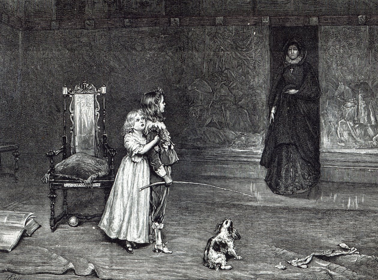 Derbyn kreivitärnän esiintyminen kultaisessa huoneessa, kohtaus Scottin Peveril of the Peak -elokuvasta Leisure Hour, 1888 tekijältä John Pettie