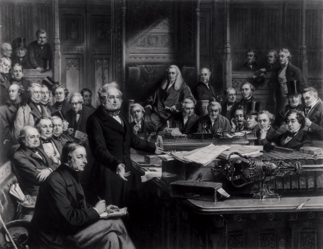 Alahuone vuonna 1860: Lordi Palmerston puhui parlamentille keskustelun aikana sopimuksesta Ranskan kanssa, kaiverrus Falkner, 1863 (katso myös 42219 ja 107821) tekijältä John Phillip