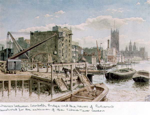 Näkymä joenvarsilta Lambeth Bridgen ja parlamenttitalon välisille laitureille tekijältä John Phillipp Emslie
