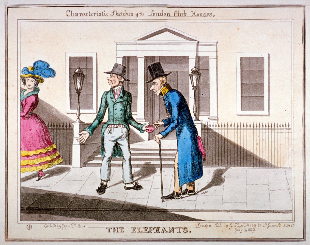 "Lontoon klubitalojen tunnusomaisia luonnoksia": "Elefantit", 1829 tekijältä John Phillips