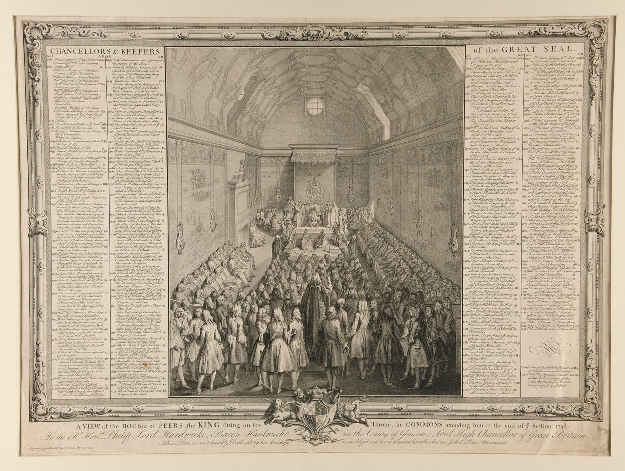 Näkymä House of Peers, kuningas istuu valtaistuimellaan, Commons osallistui häneen istunnon lopussa 1741/2 tekijältä John Pine