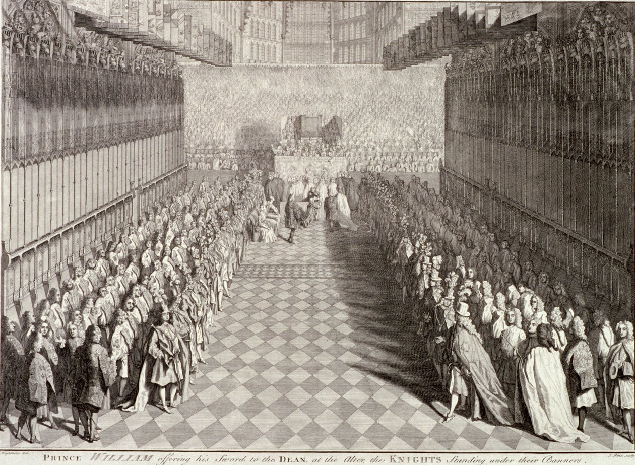 William III:n kruunaus Westminster Abbeyssa, Lontoossa, 1689, n. 1689 tekijältä John Pine