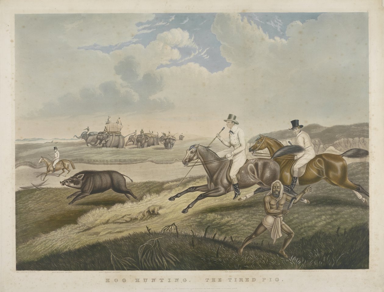 Hog Hunting: The Tired Pig, kaiverrus S.W. Fores (1785-1825) n. 1840 (käsinvärinen akvatinta) tekijältä John Platt