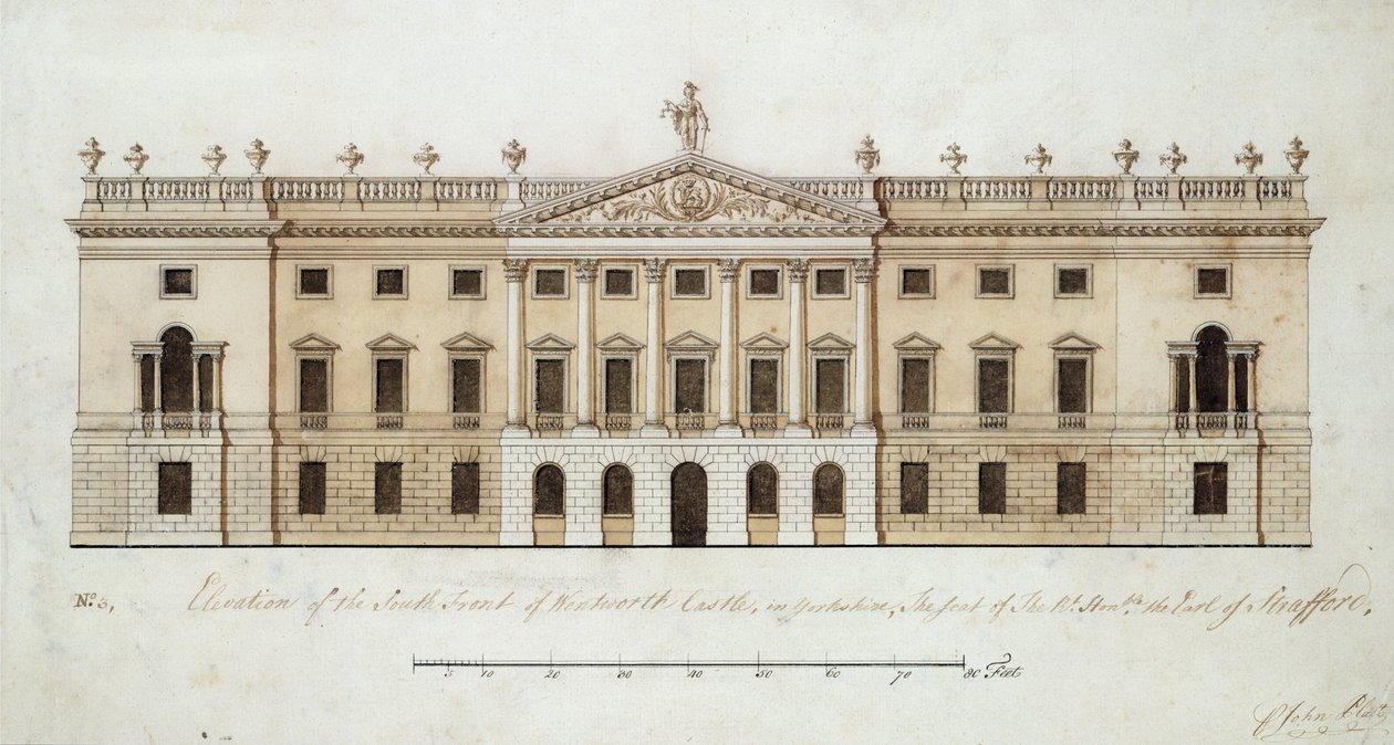 Wentworthin linna, suunnittelu etelärintamalle, n. 1760 (kynä ja muste ja akvarelli paperille) tekijältä John Platt