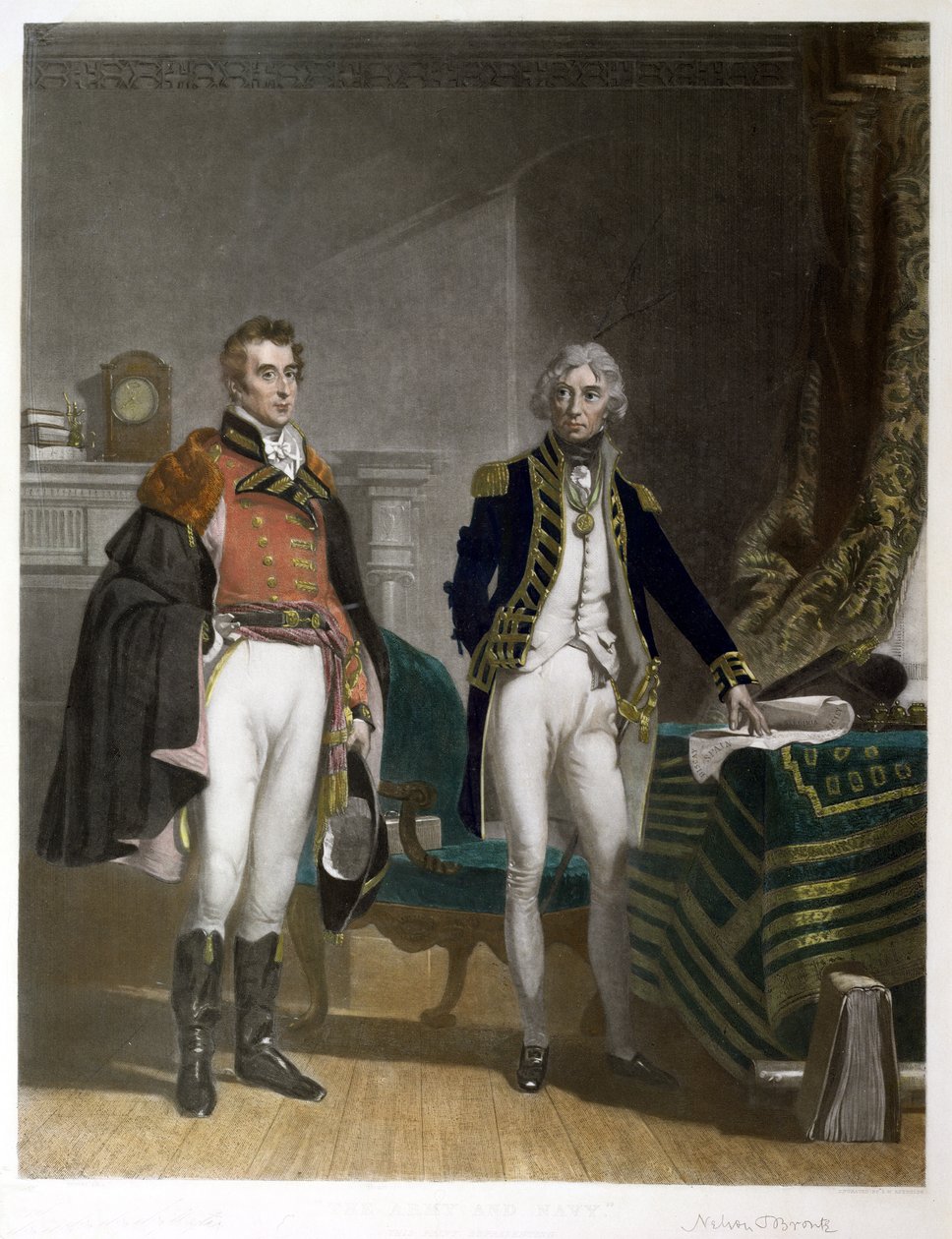 Kenraalimajuri Sir Arthur Wellesleyn ja vara-amiraali Horatio Nelsonin tapaaminen, syyskuu 1805, kaiverrus Samuel William Reynolds (1794-1872), pub. kirjoittanut A.J. Isaacs tekijältä John Prescott (after) Knight