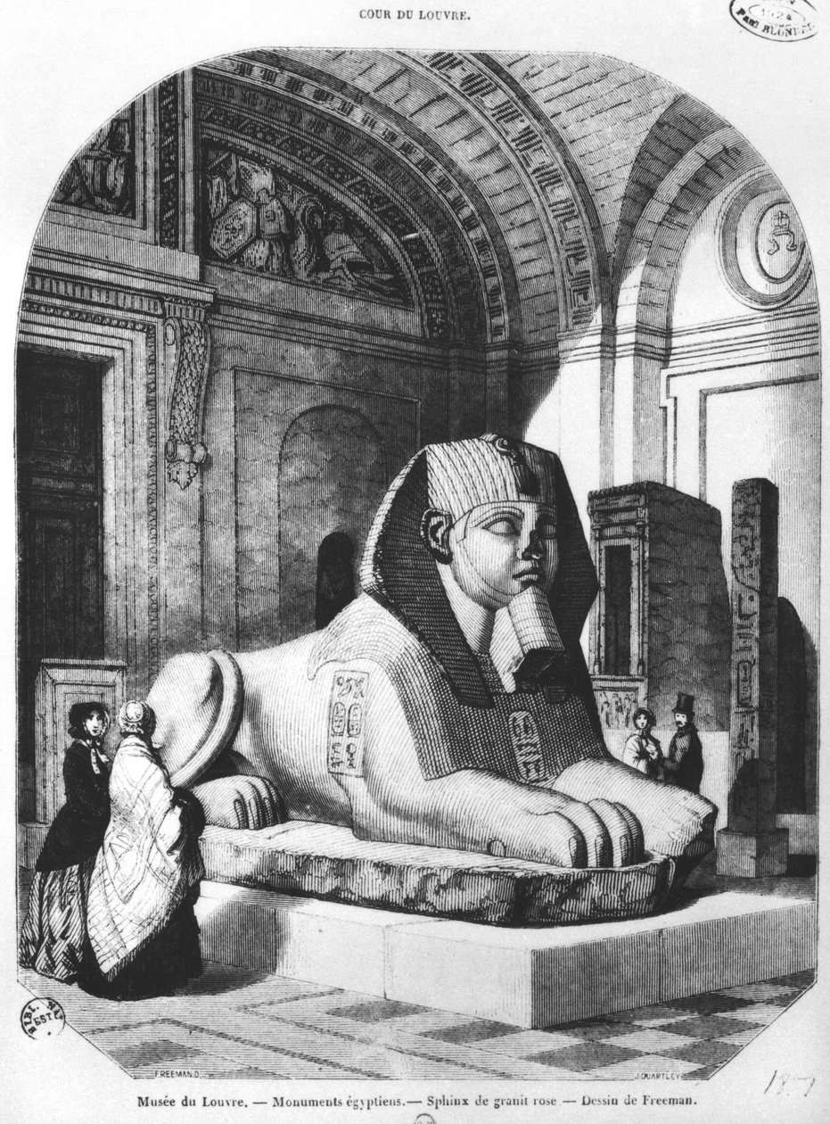 Vaaleanpunainen graniittisfinksi Louvre-museon egyptiläisissä huoneissa, kuvitus "Le Magasin Pittoresquesta" Freemanin piirustuksen jälkeen, heinäkuu 1851 tekijältä John Quartley