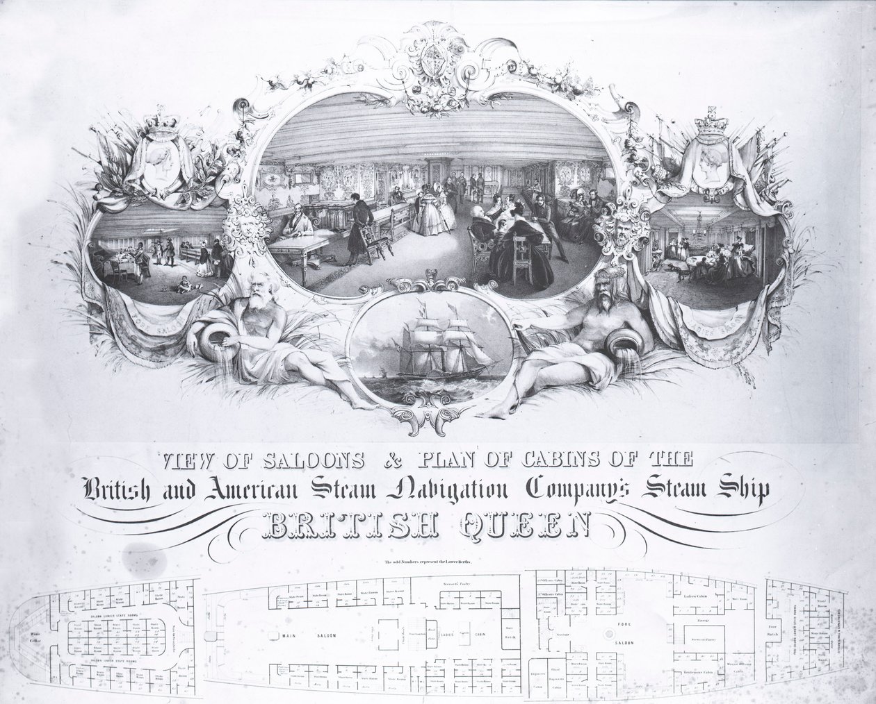 Näkymä Brittiläisen kuningattaren höyrylaivan salongeista ja hyttien pohjapiirrokset, n. 1839 (litho) tekijältä John R. Isaac