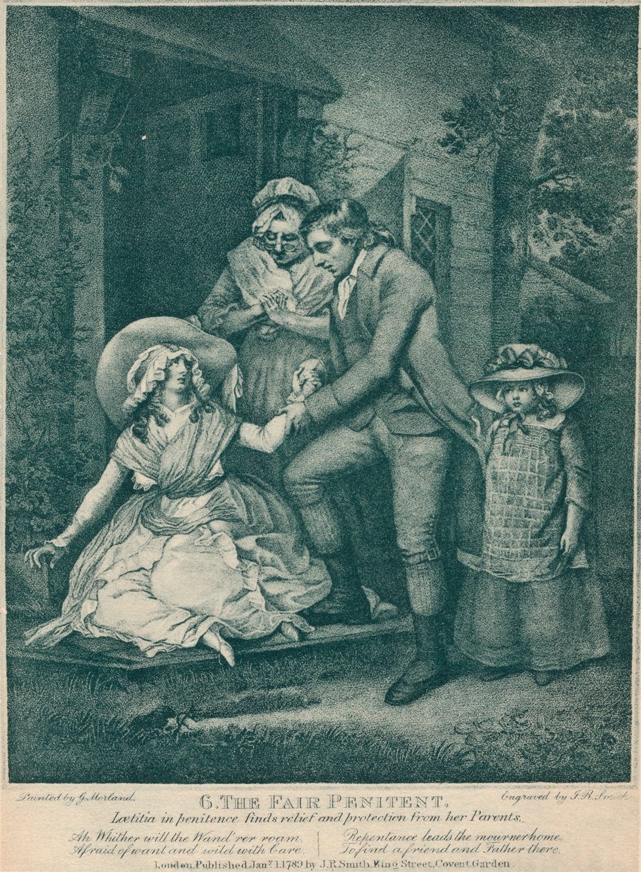 The Fair Penitent: Laetitia katuessa saa helpotusta ja suojaa vanhemmiltaan, 1789 tekijältä John Raphael Smith