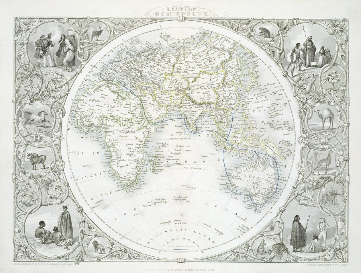 Itäinen pallonpuolisko, John Tallis und Co.:n, New Yorkin ja Lontoon, 1850-luvulla julkaisemasta World Maps -sarjasta tekijältä John Rapkin