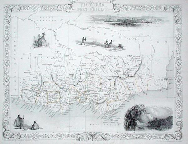 Victoria tai Port Phillip, Australia, John Tallis & Co:n New Yorkista ja Lontoosta julkaisemasta World Maps -sarjasta tekijältä John Rapkin