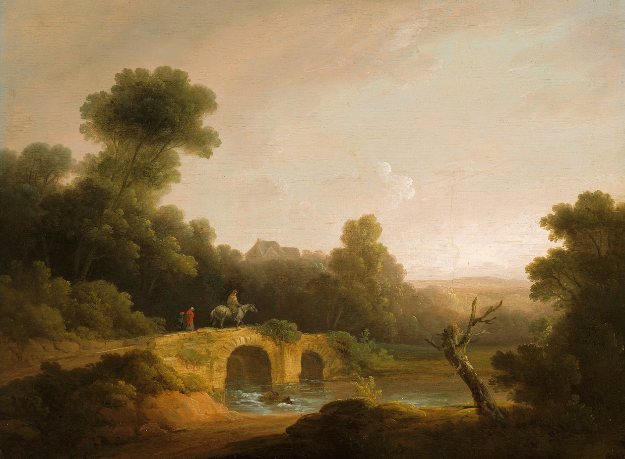 Maisema sillan ylittävien hahmojen kanssa, 17901800 tekijältä John Rathbone