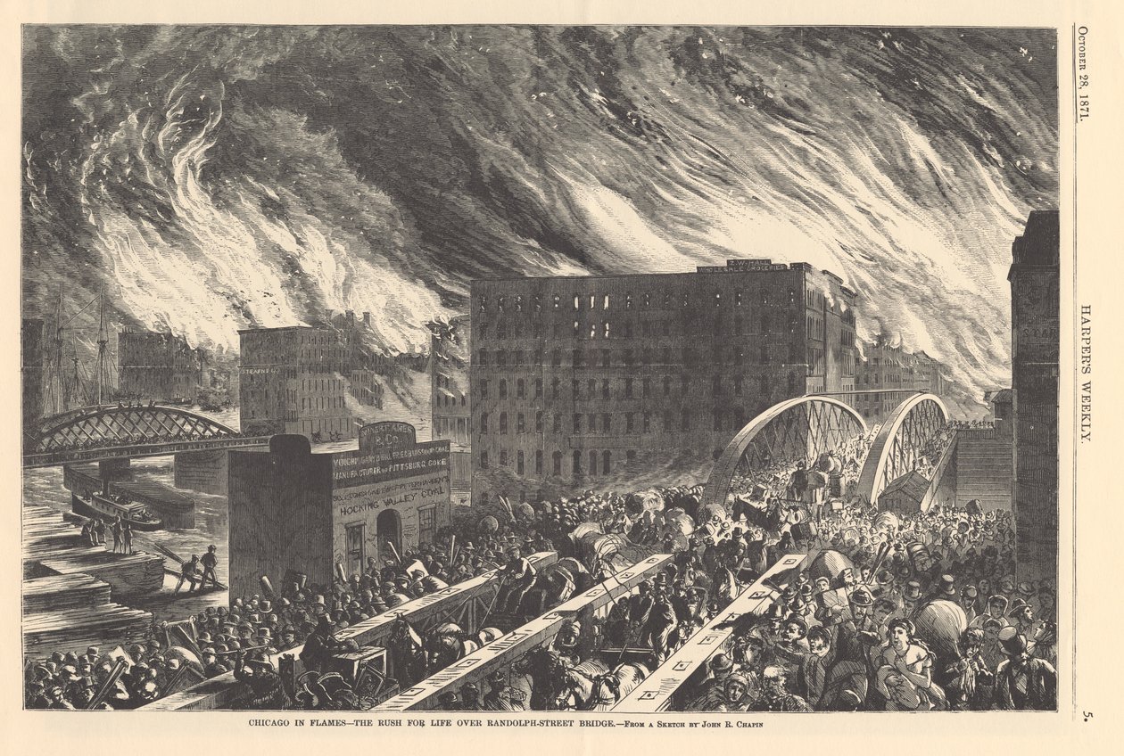 Chicago liekeissä – elämän kiire Randolph Streetin sillan yli, kuva Harpers Weeklystä, 1871 tekijältä John Reuben after Chapin