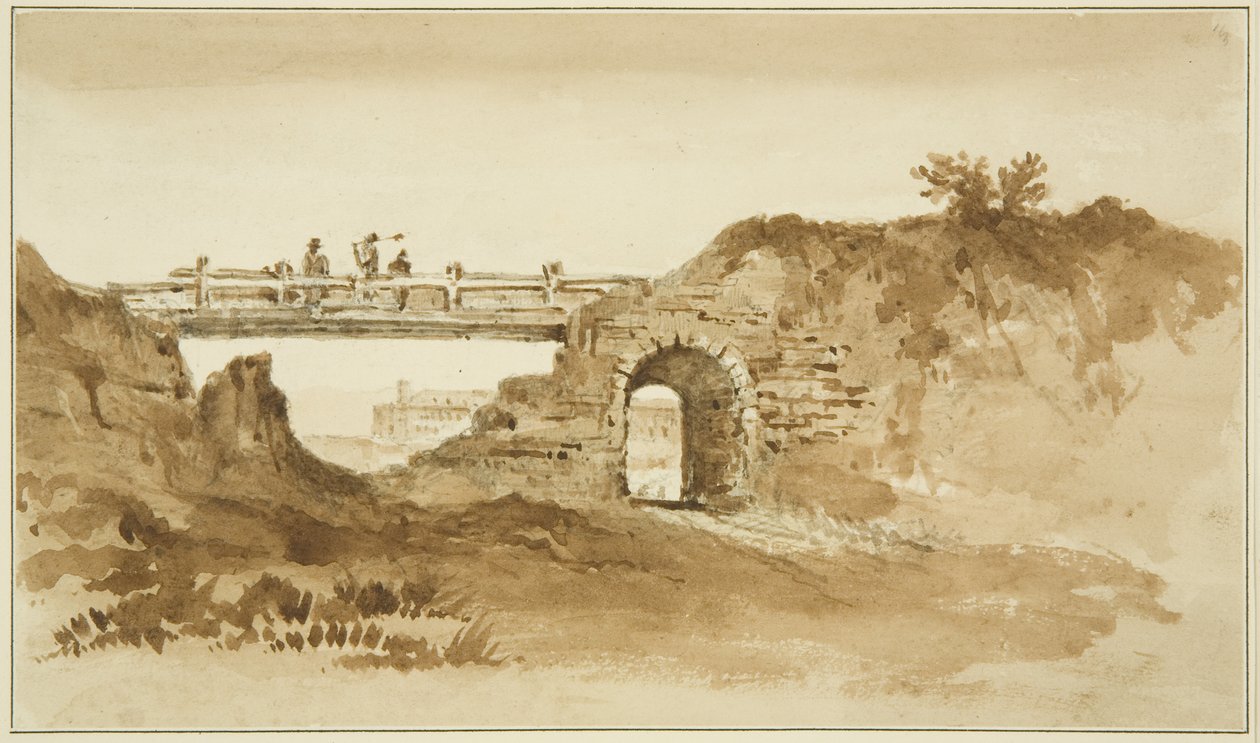 Väliaikainen silta Coronation Roadilla New Gaolia vastapäätä, n. 1821 (kynä ja seepiapesu paperilla) tekijältä John Reverend Eden