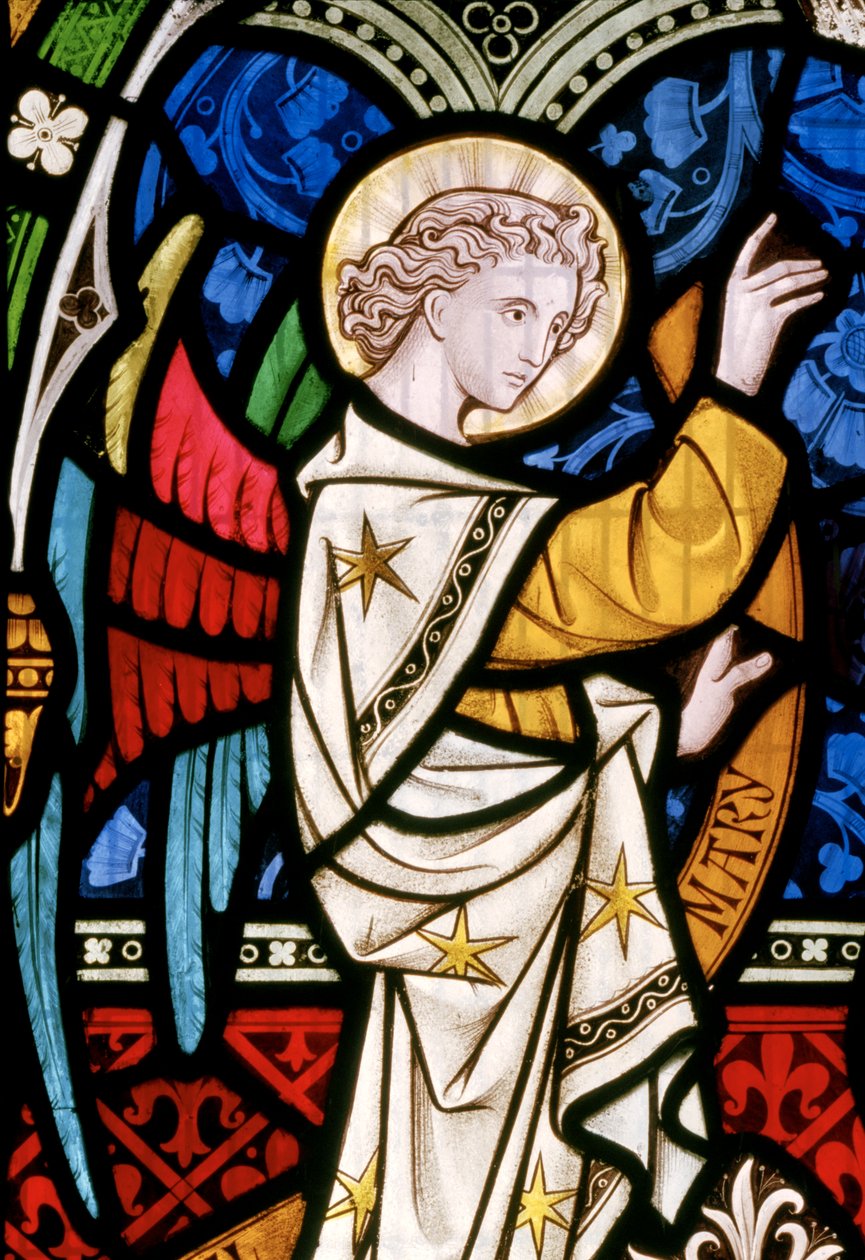 Maulden, St Mary, itäikkuna, yksityiskohta, Clayton & Bell, John Richard Clayton (1827-1913), enkeli, yksityiskohta, Kristus majesteetissa, n.1859 Mary tekijältä John Richard Clayton