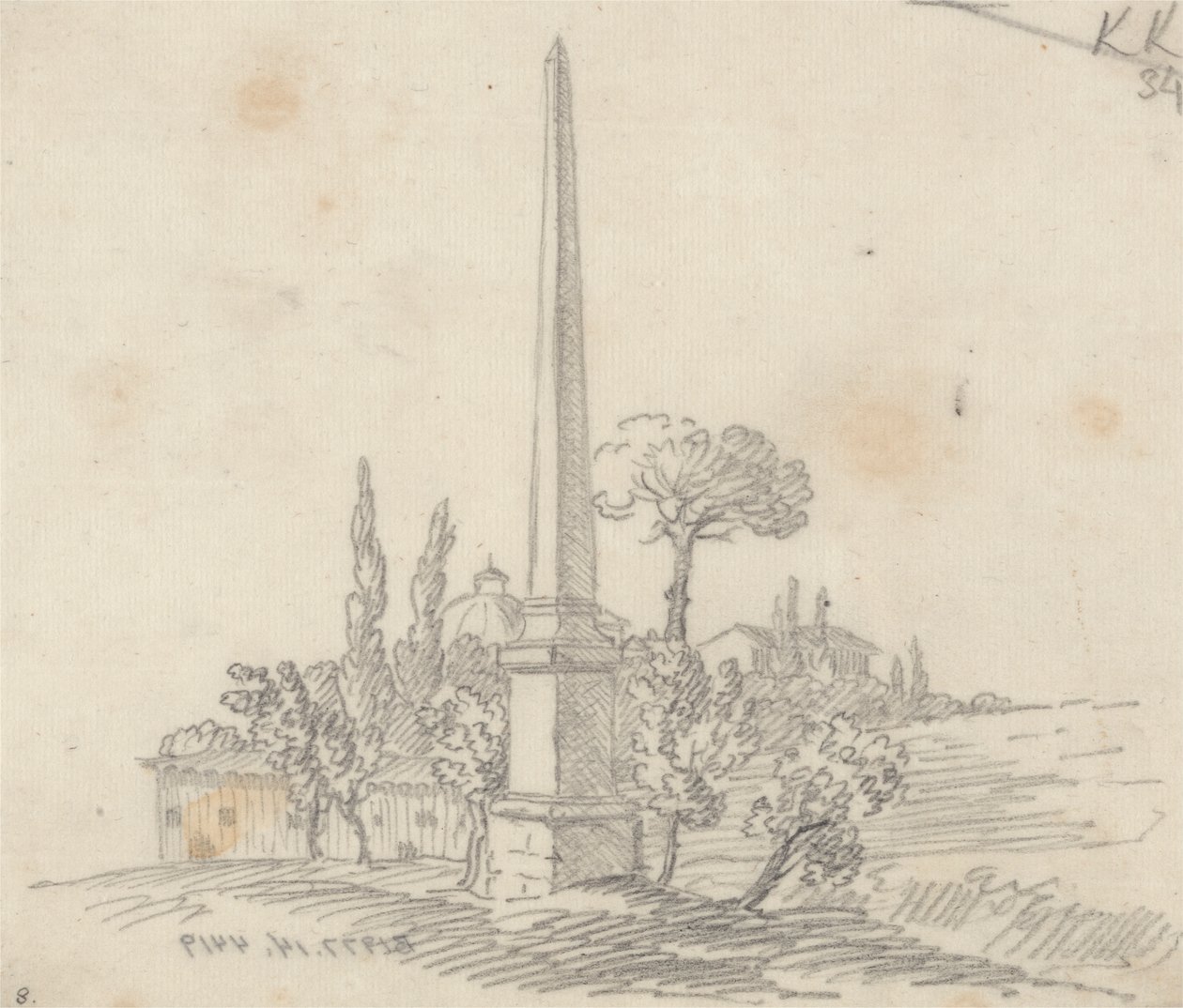 Um obelisco com telhados e árvores ao longe tekijältä John Robert Cozens