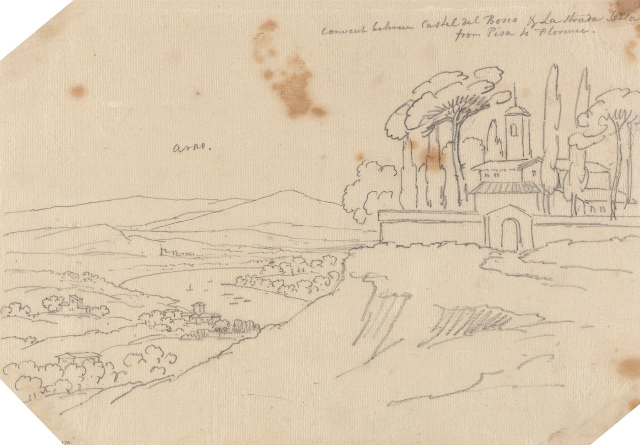 Luostari Castel del Boscon ja La Strada Scalan välissä tekijältä John Robert Cozens