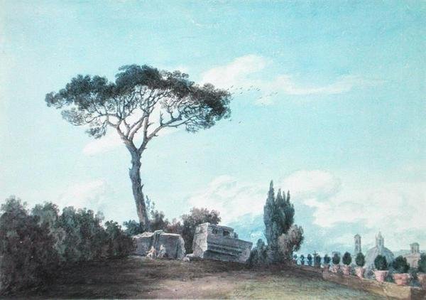 Colonnan palatsin puutarhoissa, Roomassa (akvarelli paperille) tekijältä John Robert Cozens