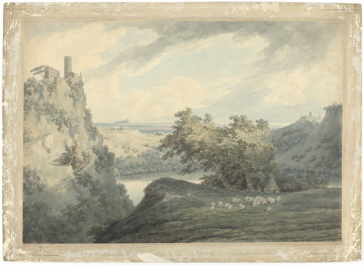 Italian vuoristoinen maisema Nemic-järven kanssa Italian vuoristomaisema Nemi-järvellä Rooman eteläpuolella tekijältä John Robert Cozens