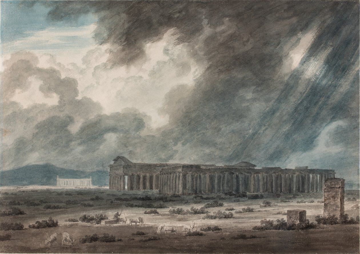 Paestumin rauniot Salernon lähellä: 1792 (akvarelli, tussi ja lyijykynä paperille). tekijältä John Robert Cozens