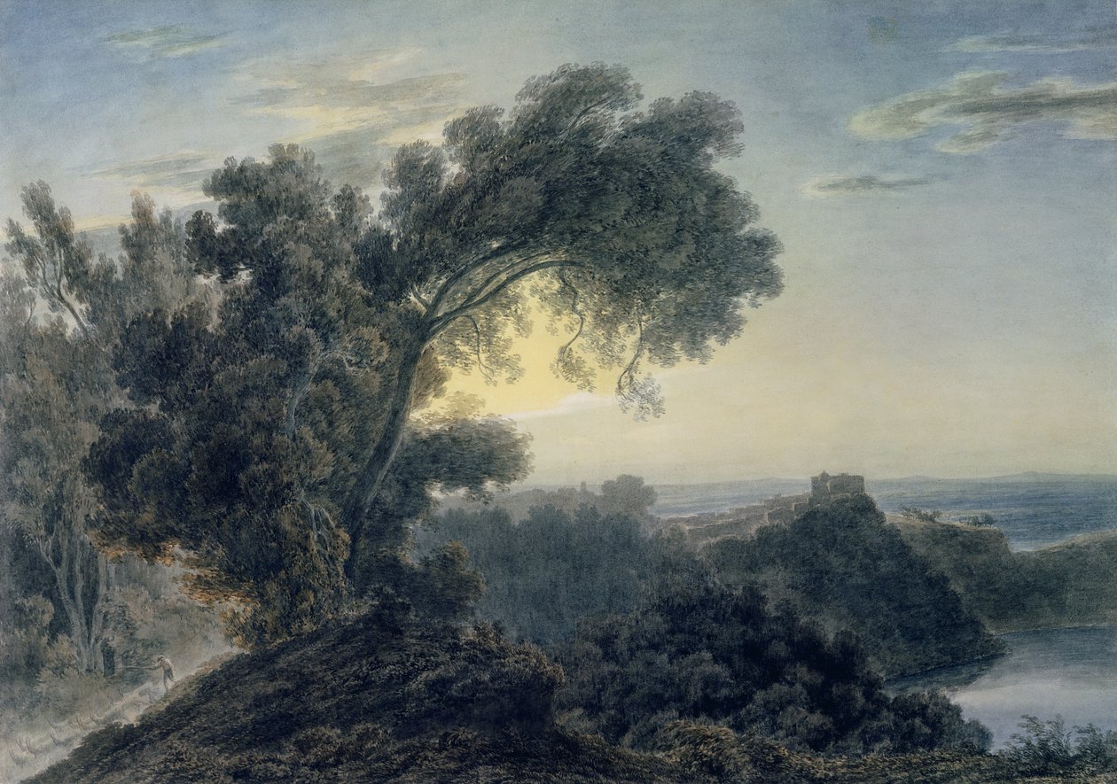 Albanon järvi ja Gandolfon linna (akvarelli grafiitin päällä kudottupaperille) (katso myös 151685) tekijältä John Robert Cozens