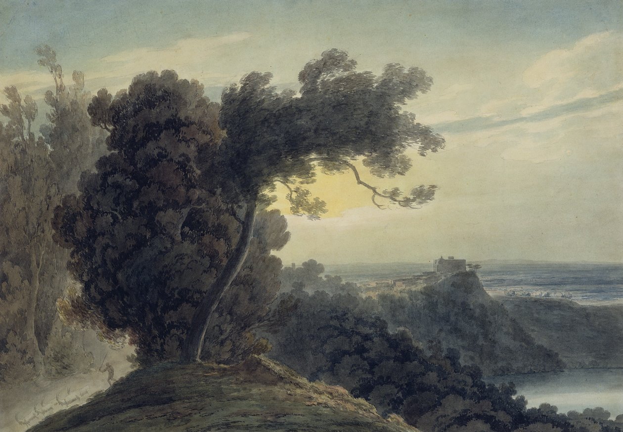 Albanon järvi ja Gandolfon linna, n. 1783–1785 (grafiitti ja akvarelli kudospaperille) (katso myös 252095) tekijältä John Robert Cozens
