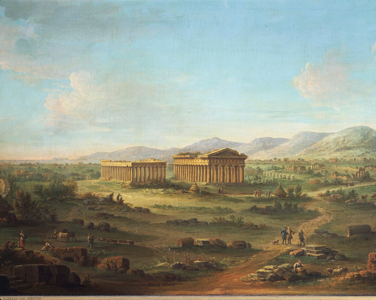 Kaksi suurta Paestumin temppeliä, basilika vasemmalla ja Neptunuksen tai Poseidonin temppeli oikealla, kirjoittanut John Robert Cozens tekijältä John Robert Cozens