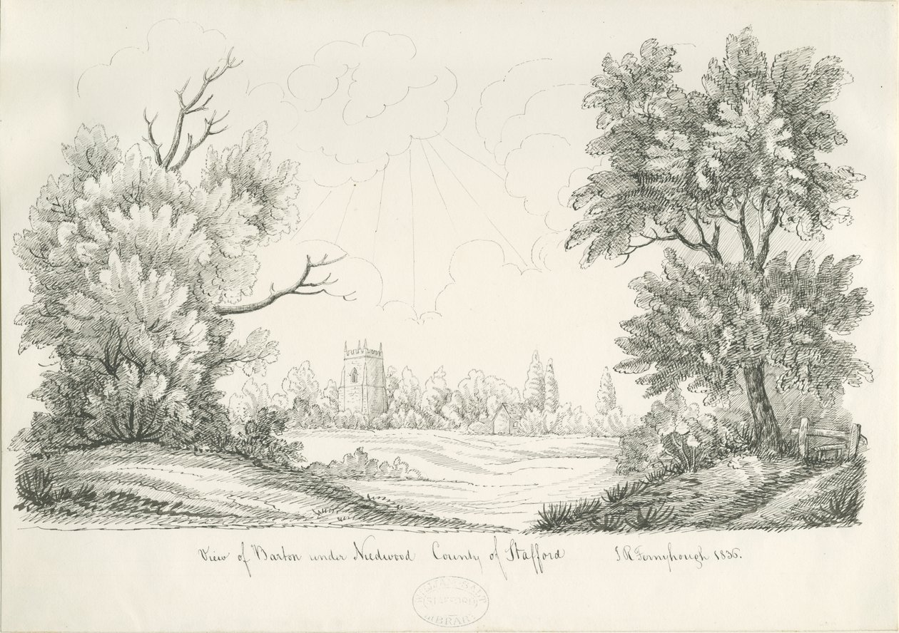 Barton Under Needwood Village: kynä- ja mustepiirustus, 1836 tekijältä John Robert Fernyhough